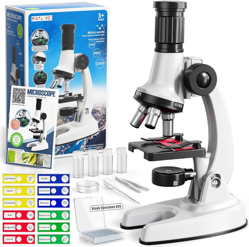 Novaluki 65 Pieces Microscope Kit for Kids Ages 5-7 8-13, 100X-1200X Magnification with 7 Colors of LED Lights and 12 Prepared Slides, Science Experiment STEM Kits for Boys and Girls Age 8-12 Years - Image 1